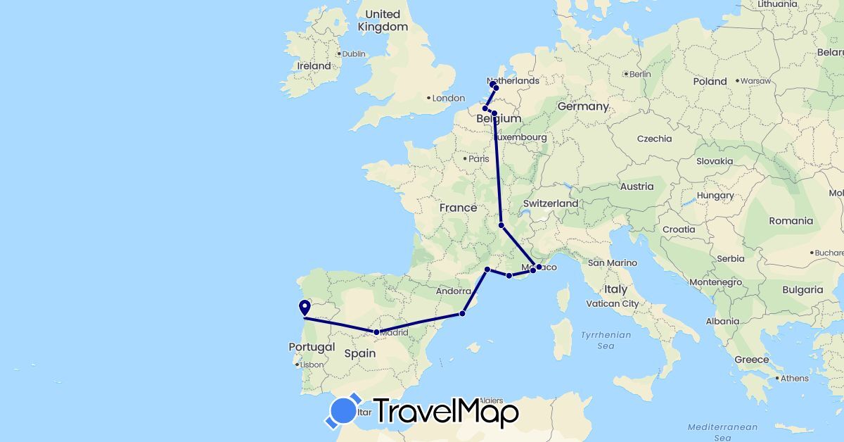 TravelMap itinerary: driving in Belgium, Spain, France, Monaco, Netherlands, Portugal (Europe)